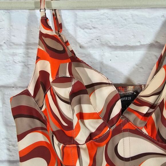 A Forever 21 Womens Y2K Retro Orange Swirl Corset Crop Top Tank Size S Satin - Picture 2 of 9